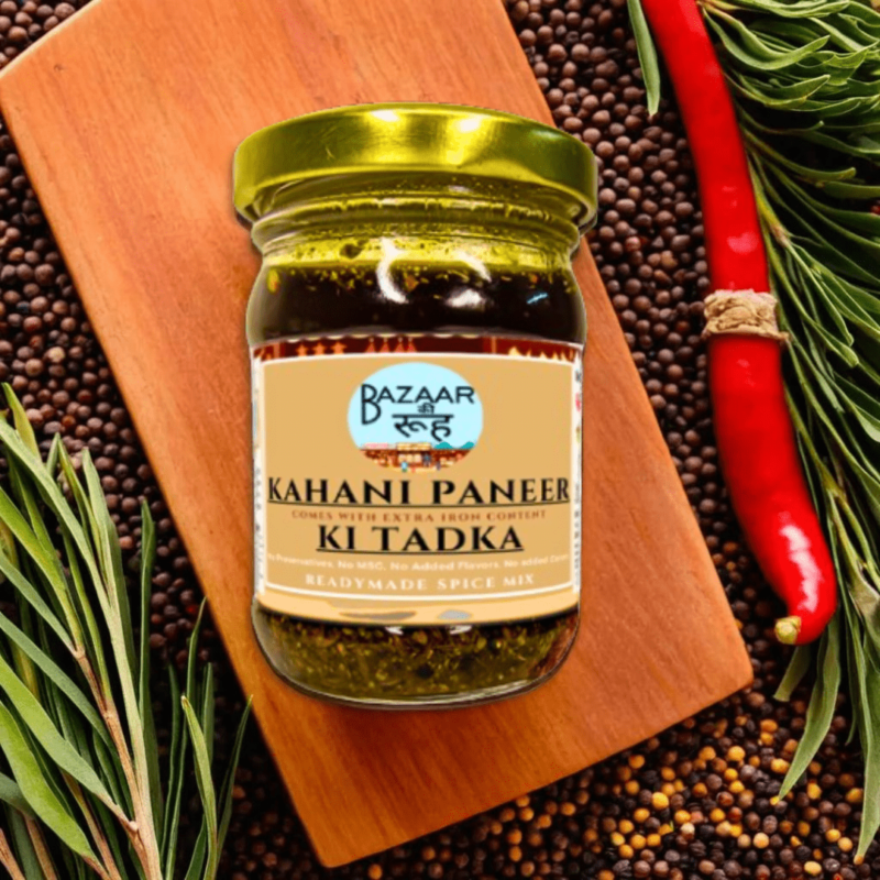 Paneer Masala Premix Readymade Spice Tadka for paneer dishes like achari paneer, chaap, mushroom made in natural coldpress oil by bazaarooh packed in glass jar infused with spices