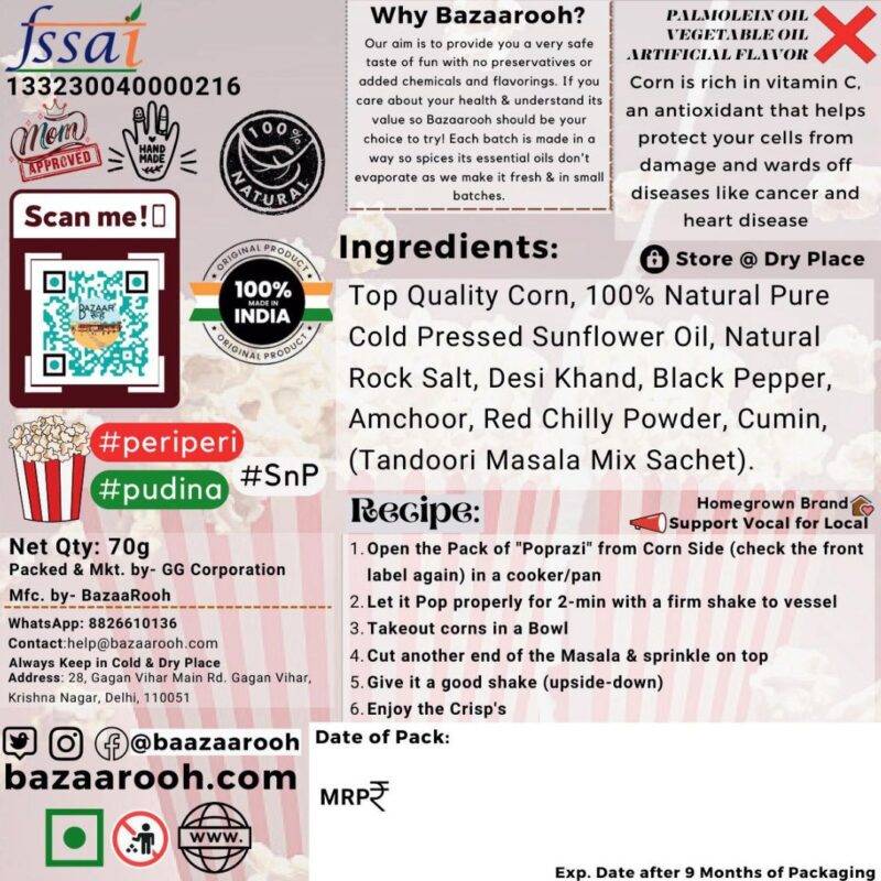 Poprazi Tandoori Instant Popcorn backlabel and details with ingredients and recipe of how to make instant popcorn